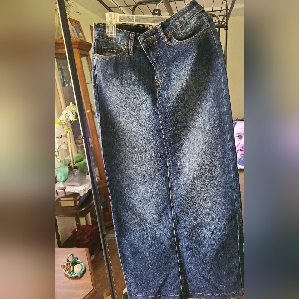 NEW Clash Blue Straight Denim Beaded Maxi Skirt W/Back Slit.